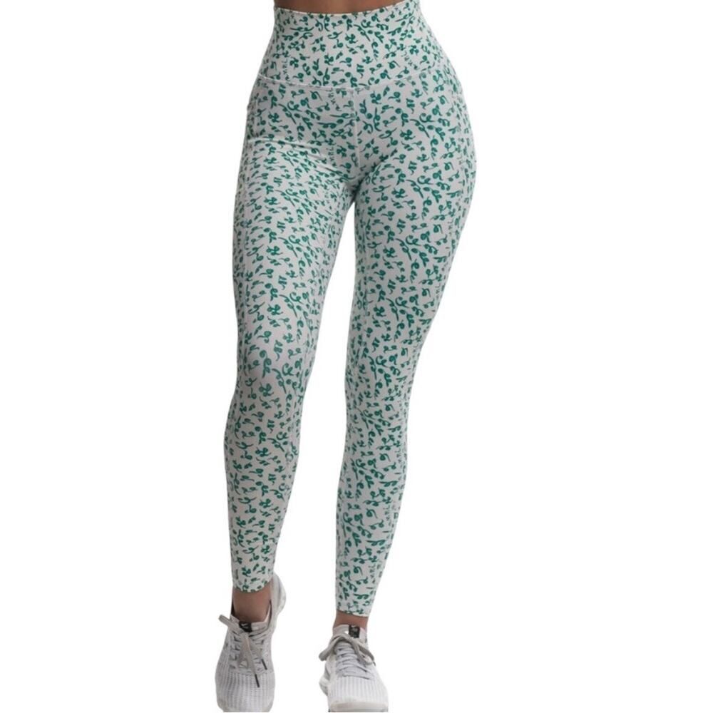 New Echt White & Green Vineyard Leaf High Rise Leggings Size Small